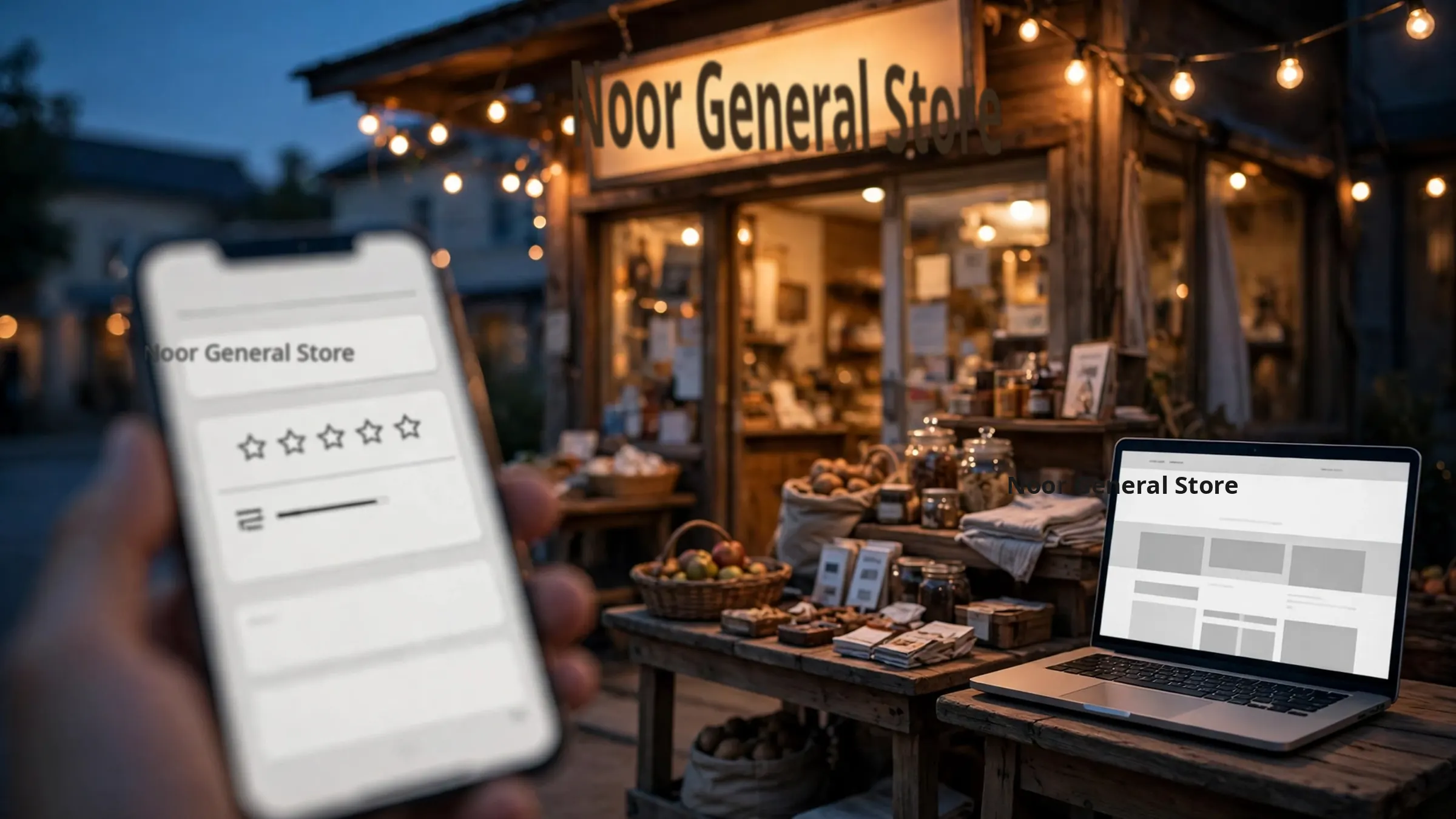 A small shop storefront at dusk with a phone showing its Google Business listing in the foreground and a laptop with a simple one-page site beside it.