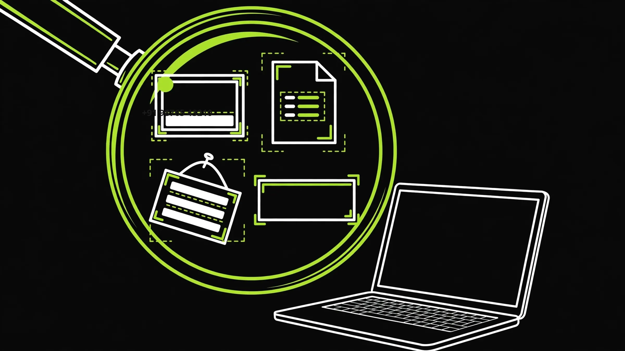 Illustration of a magnifying glass over a laptop screen revealing broken website elements: a phone number trapped in an image, a PDF menu icon, and a blank hero banner.