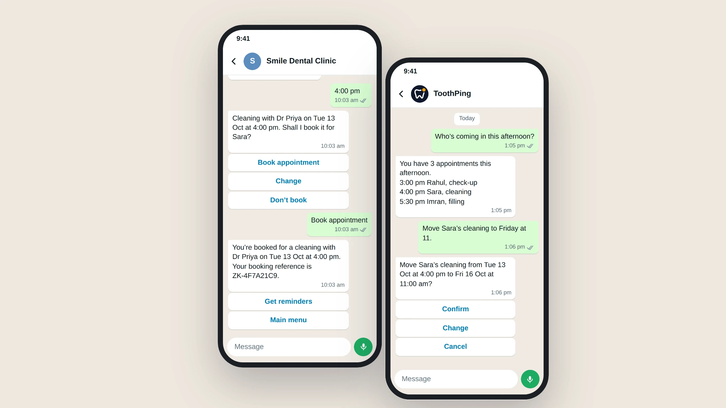 Two ToothPing chats on phones: a patient booking a cleaning, and the clinic owner checking the afternoon's appointments.