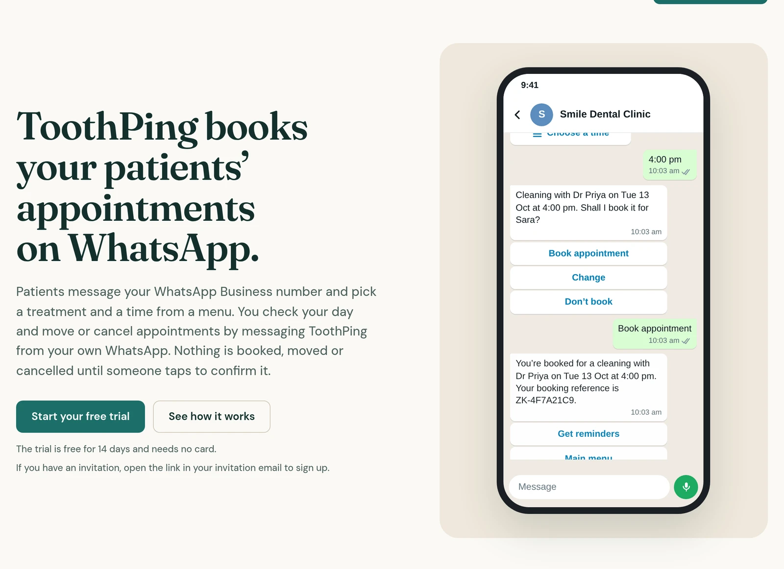 A ToothPing patient chat shows a clinic menu, booking confirmation and booking reference.
