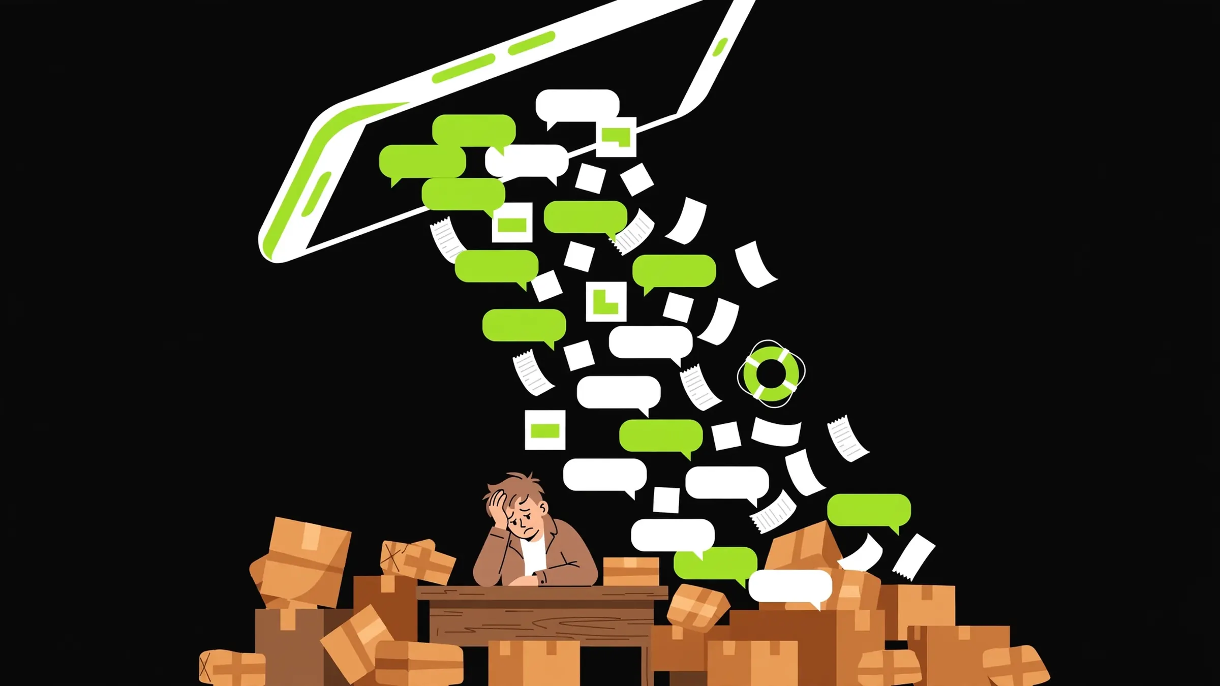 Illustration of a stressed seller at a packing table while a giant phone pours out chat bubbles, product photos, and payment screenshots.