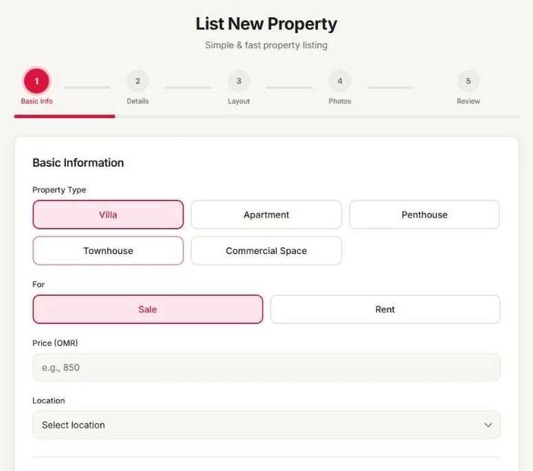 The first step of the Red Skyline listing form: property type, sale or rent, price and location